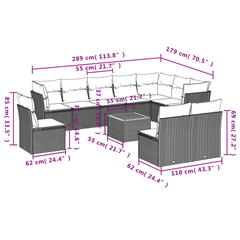 vidaXL 11 Piece Garden Sofa Set with Cushions Grey Poly Rattan