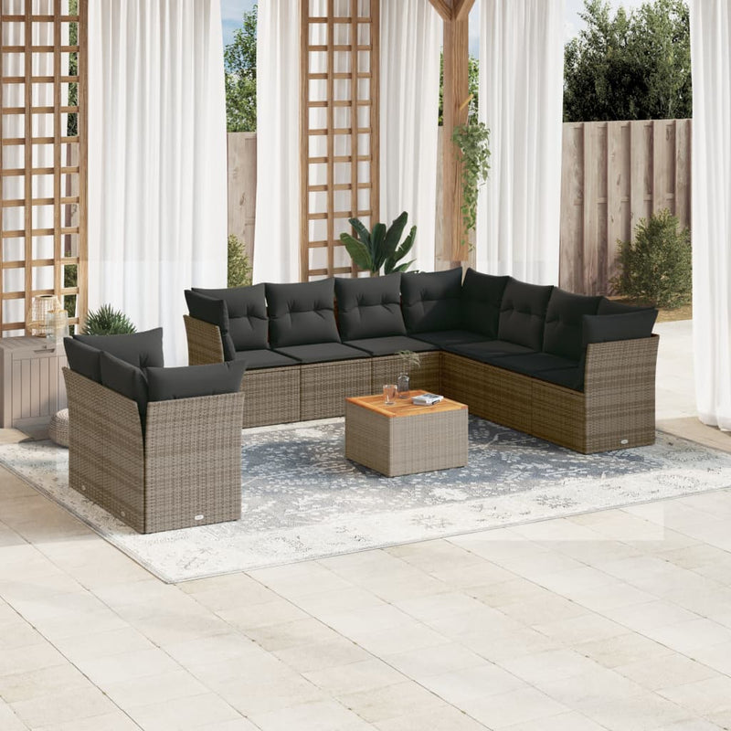 vidaXL 10 Piece Garden Sofa Set with Cushions Grey Poly Rattan