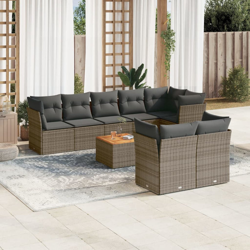 9 Piece Garden Sofa Set with Cushions Grey Poly Rattan