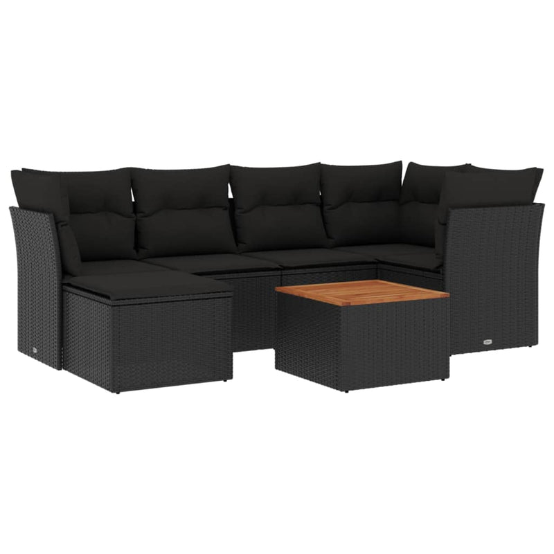 7 Piece Garden Sofa Set with Cushions Black Poly Rattan