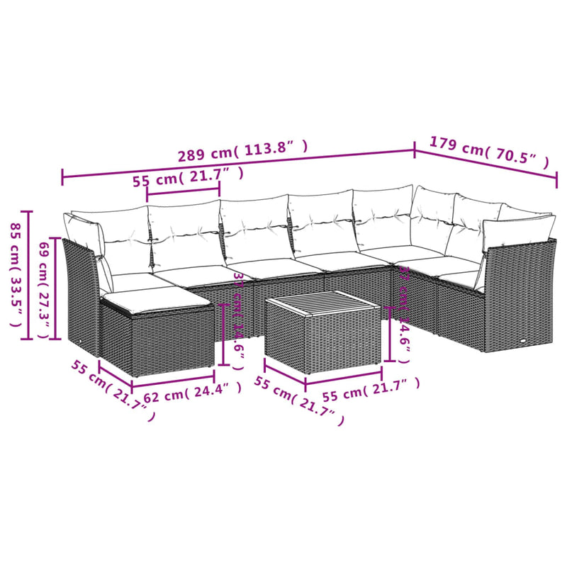 vidaXL 9 Piece Garden Sofa Set with Cushions Grey Poly Rattan