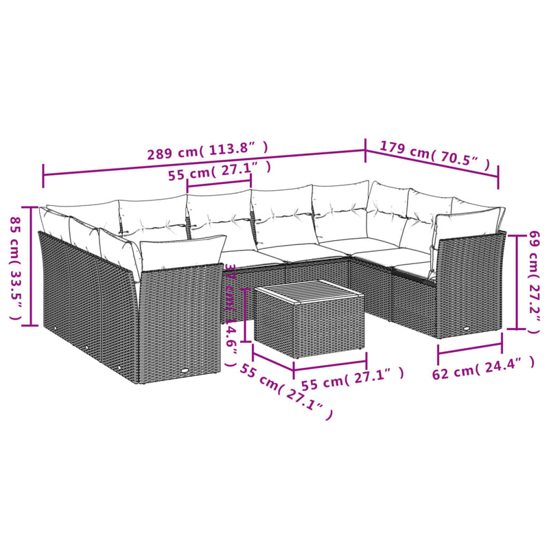vidaXL 10 Piece Garden Sofa Set with Cushions Grey Poly Rattan