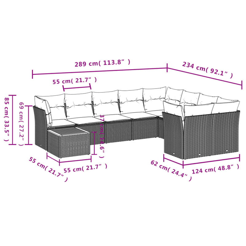 10 Piece Garden Sofa Set with Cushions Mix Beige Poly Rattan