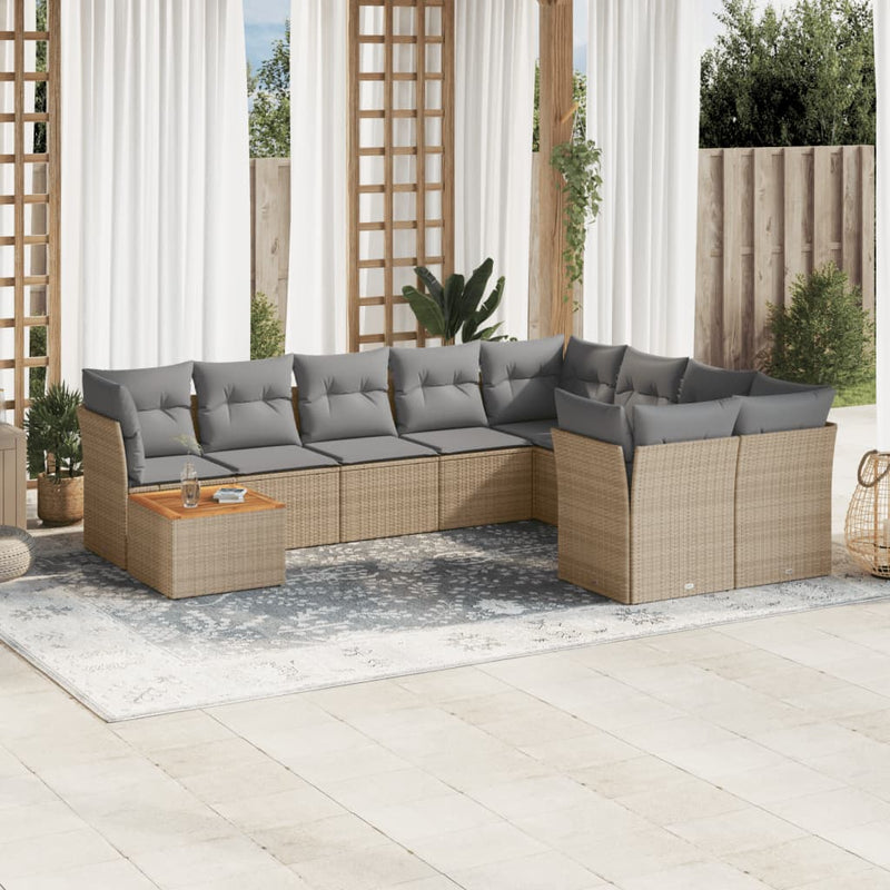 10 Piece Garden Sofa Set with Cushions Mix Beige Poly Rattan