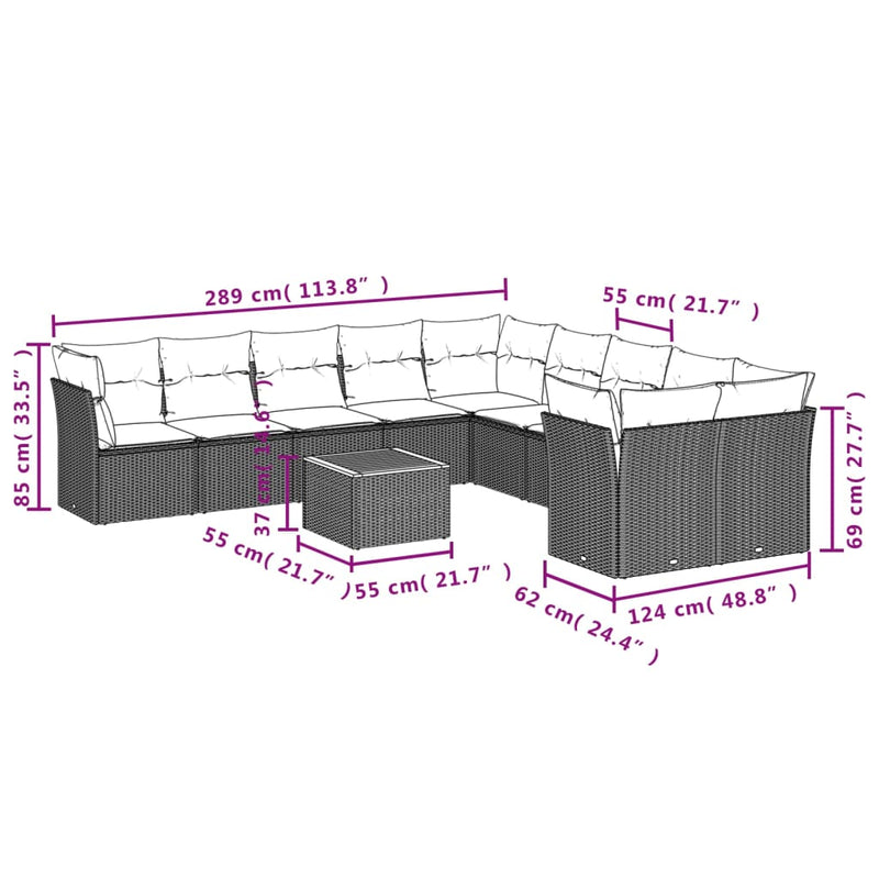 vidaXL 11 Piece Garden Sofa Set with Cushions Grey Poly Rattan
