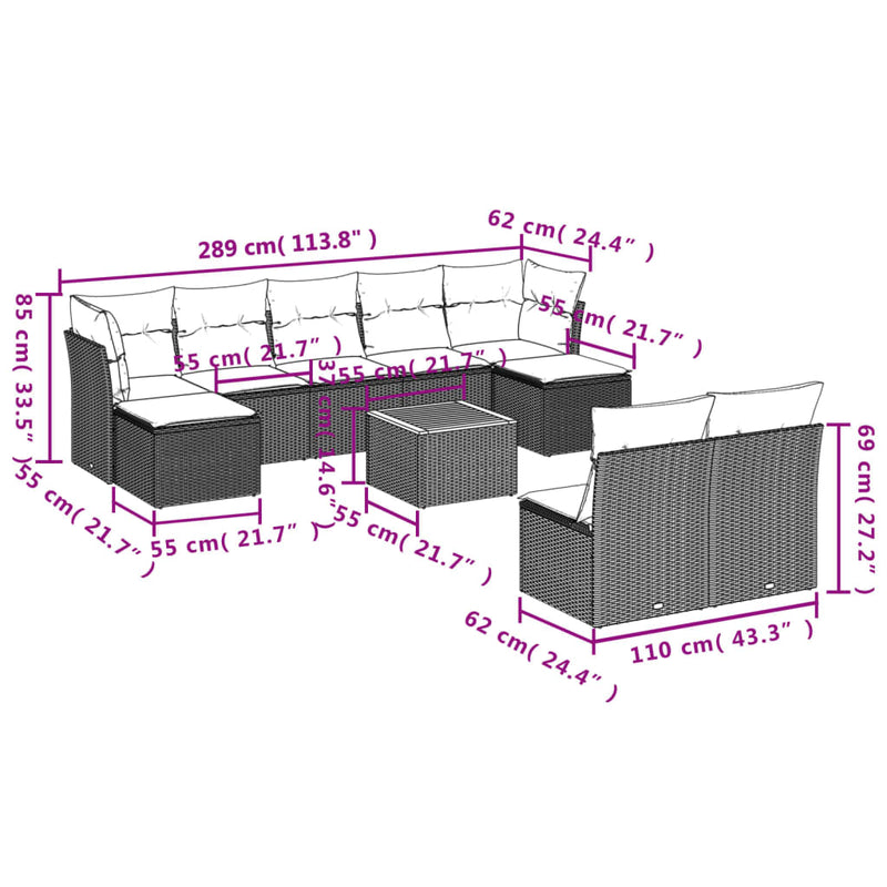 vidaXL 10 Piece Garden Sofa Set with Cushions Black Poly Rattan