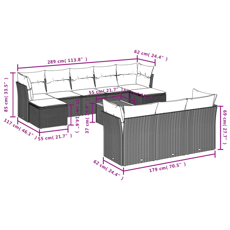 vidaXL 11 Piece Garden Sofa Set with Cushions Black Poly Rattan