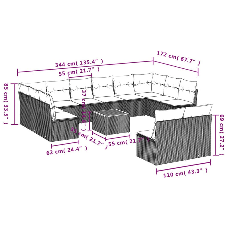 vidaXL 13 Piece Garden Sofa Set with Cushions Grey Poly Rattan