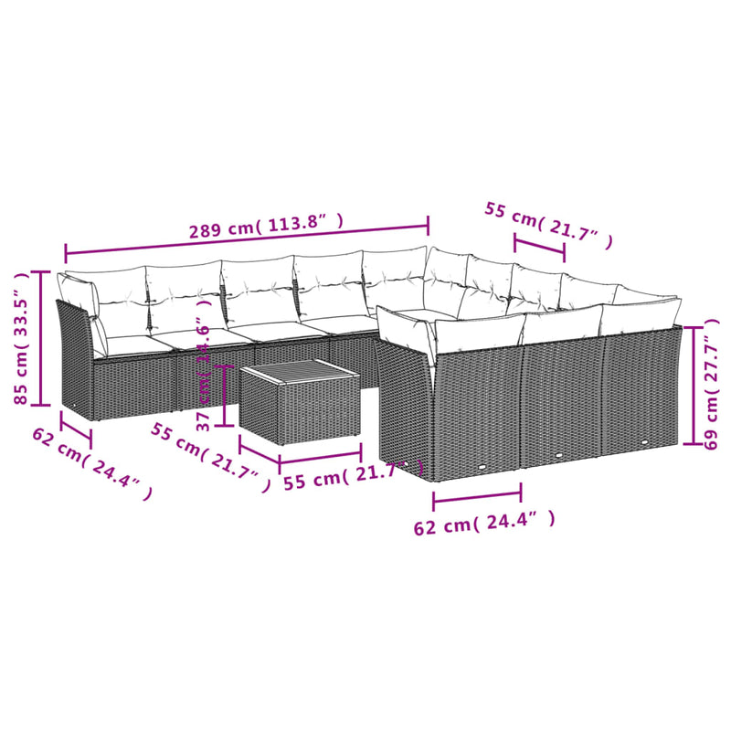 12 Piece Garden Sofa Set with Cushions Grey Poly Rattan