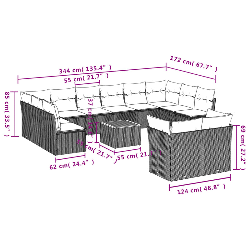 vidaXL 13 Piece Garden Sofa Set with Cushions Grey Poly Rattan