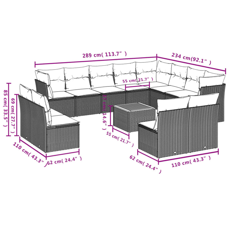 vidaXL 13 Piece Garden Sofa Set with Cushions Black Poly Rattan