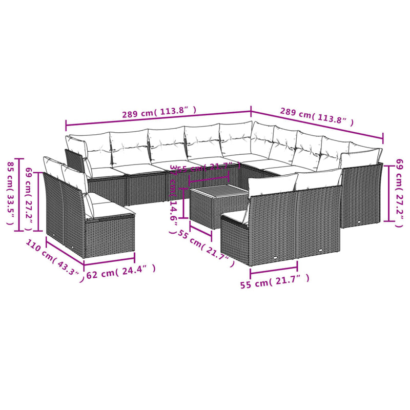 vidaXL 14 Piece Garden Sofa Set with Cushions Grey Poly Rattan