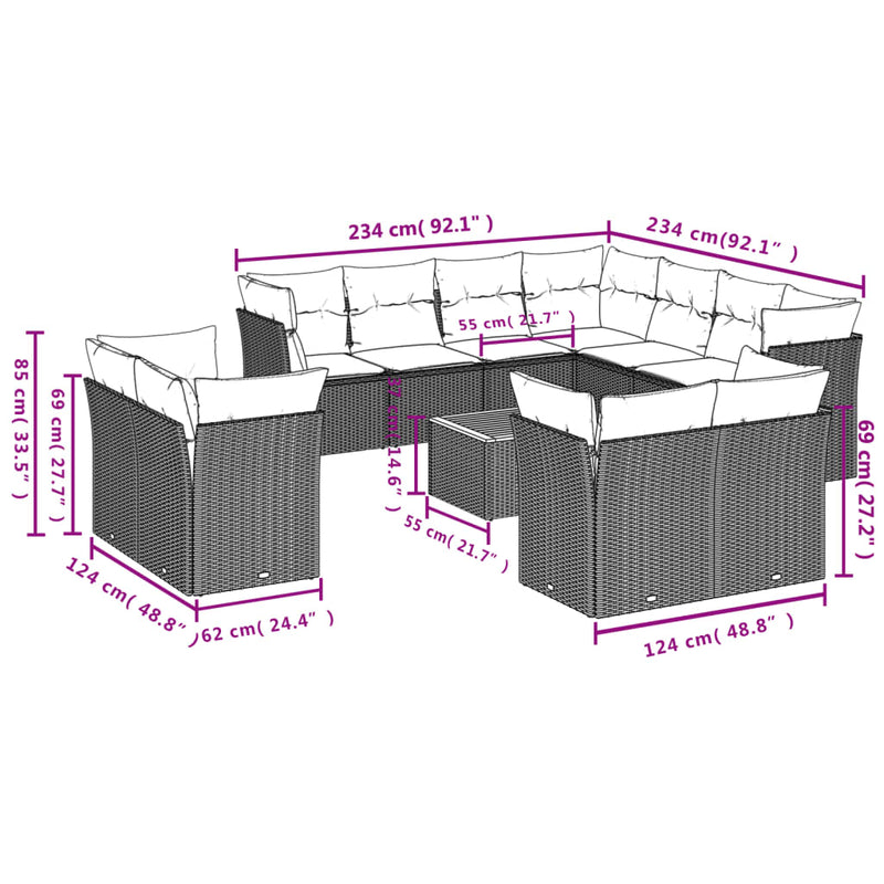vidaXL 12 Piece Garden Sofa Set with Cushions Grey Poly Rattan