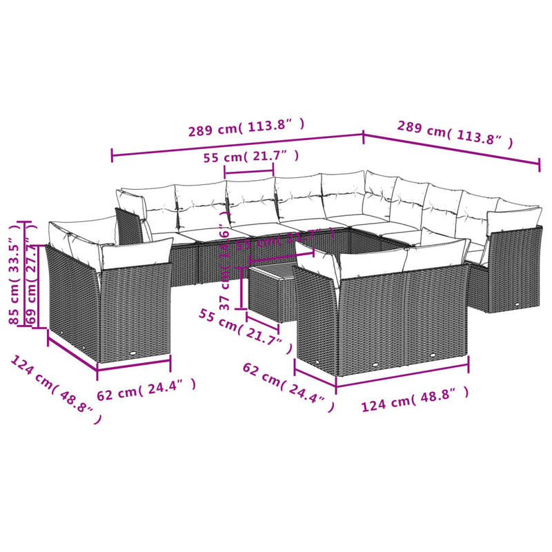 vidaXL 14 Piece Garden Sofa Set with Cushions Grey Poly Rattan