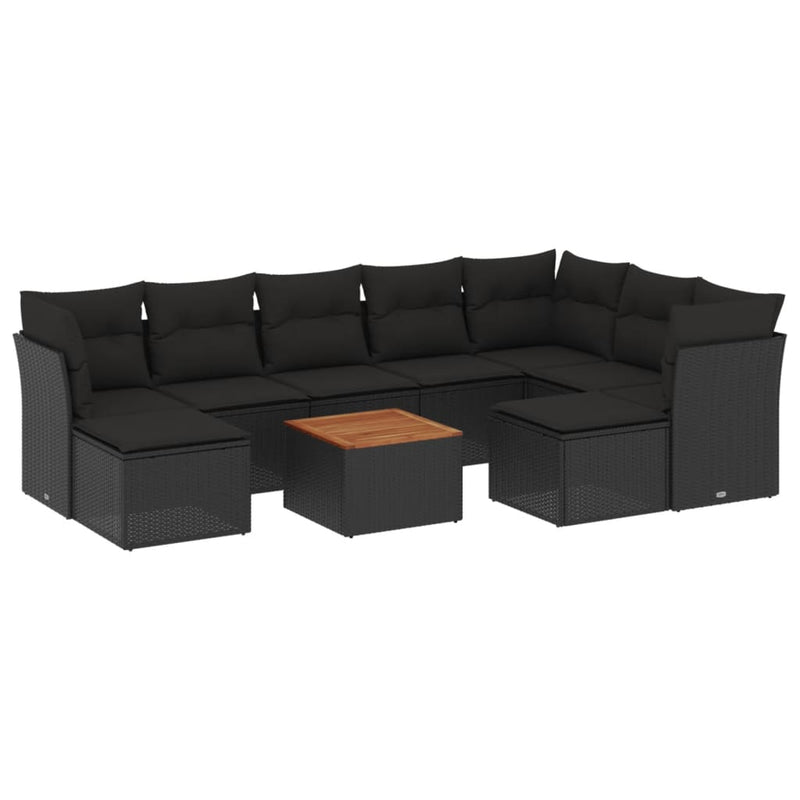 10 Piece Garden Sofa Set with Cushions Black Poly Rattan