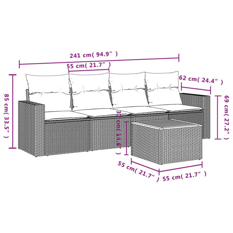 vidaXL 5 Piece Garden Sofa Set with Cushions Grey Poly Rattan