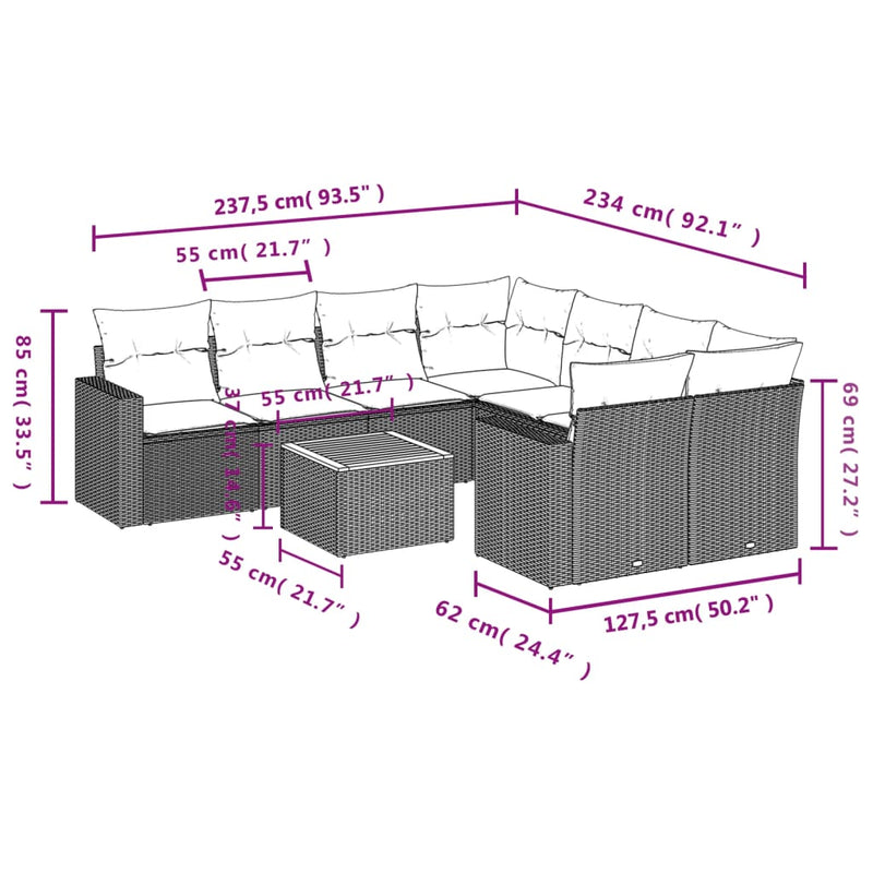 vidaXL 9 Piece Garden Sofa Set with Cushions Black Poly Rattan