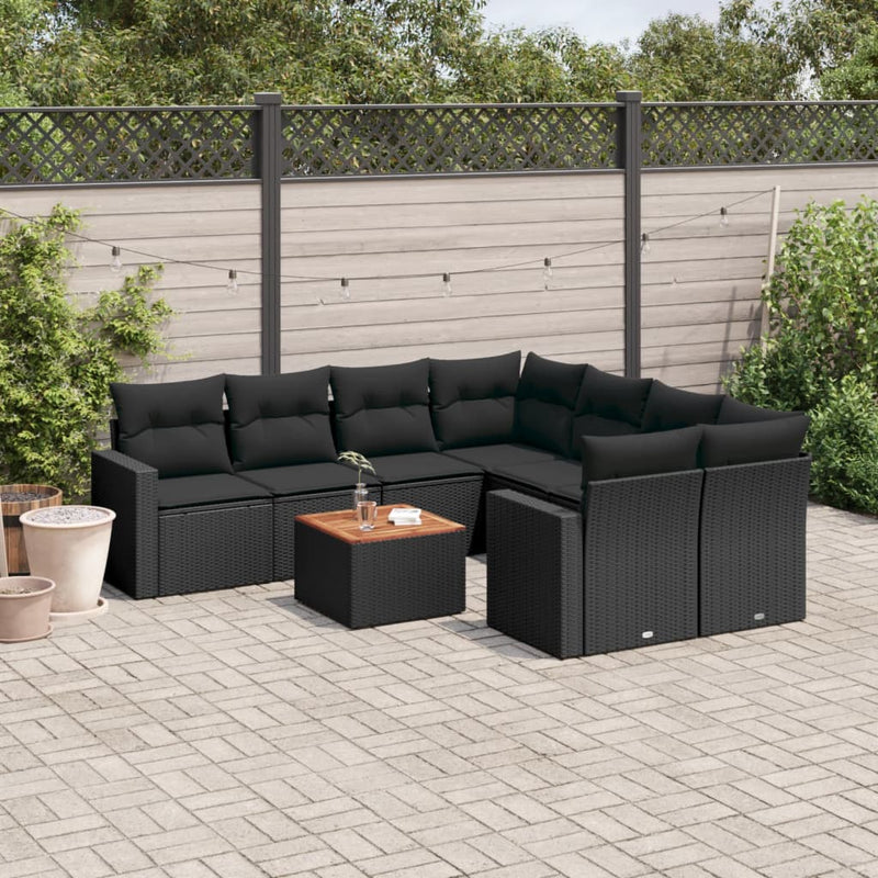 vidaXL 9 Piece Garden Sofa Set with Cushions Black Poly Rattan
