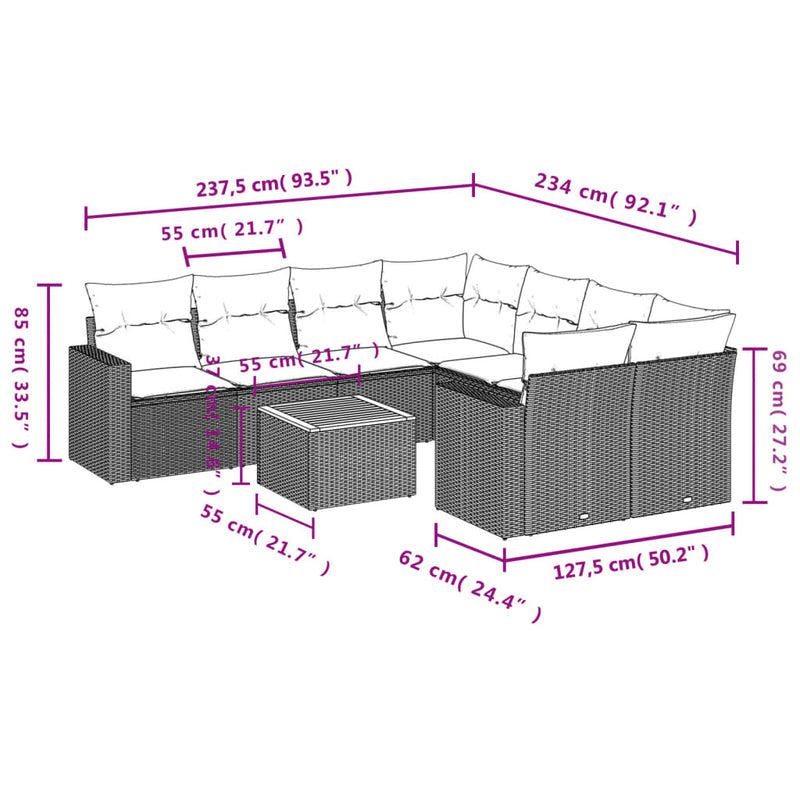 vidaXL 9 Piece Garden Sofa Set with Cushions Grey Poly Rattan