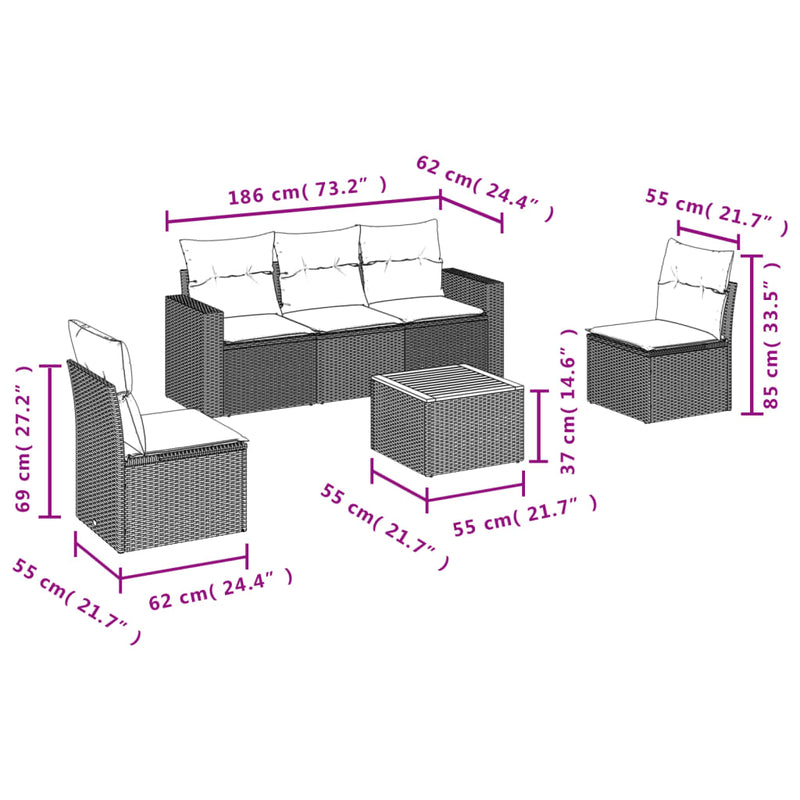 vidaXL 6 Piece Garden Sofa Set with Cushions Black Poly Rattan