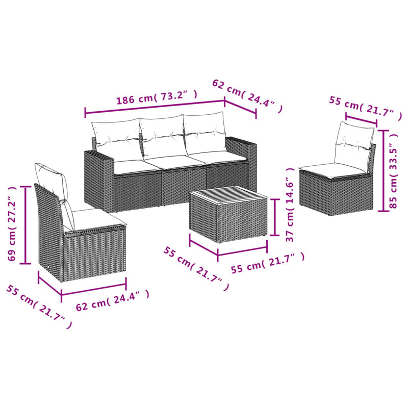 vidaXL 6 Piece Garden Sofa Set with Cushions Grey Poly Rattan