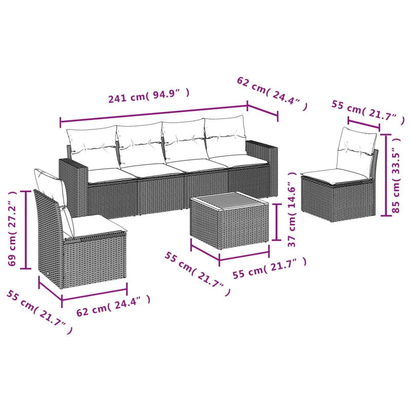 vidaXL 7 Piece Garden Sofa Set with Cushions Grey Poly Rattan
