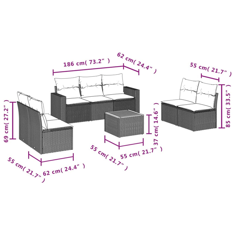 vidaXL 8 Piece Garden Sofa Set with Cushions Black Poly Rattan