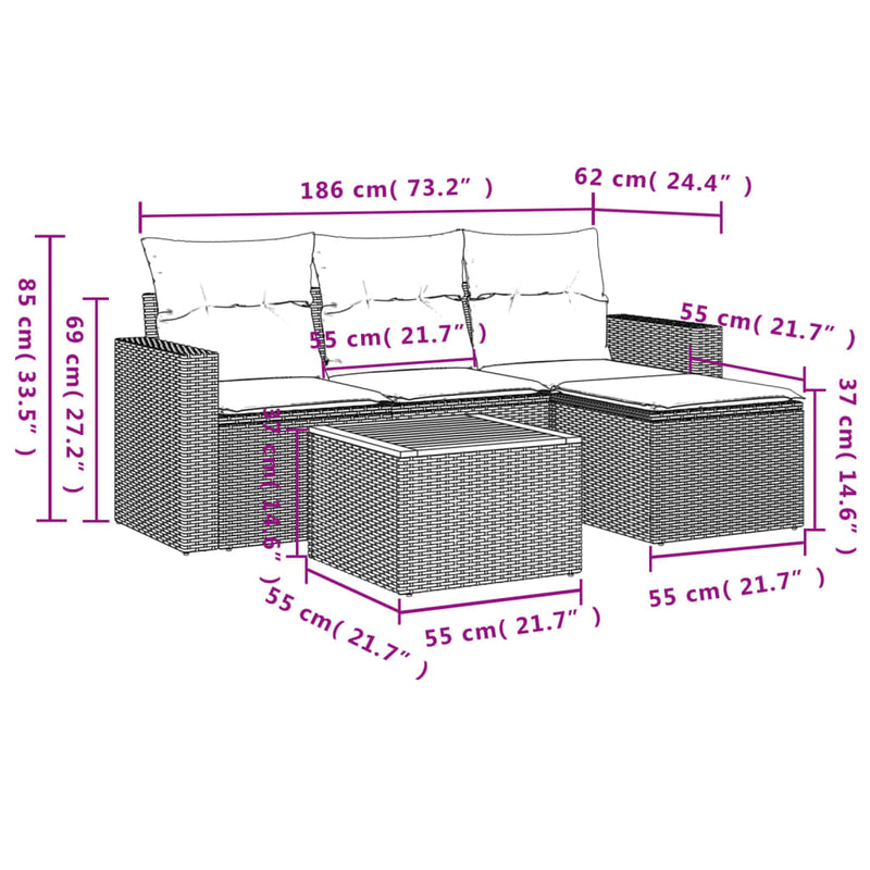 vidaXL 5 Piece Garden Sofa Set with Cushions Black Poly Rattan
