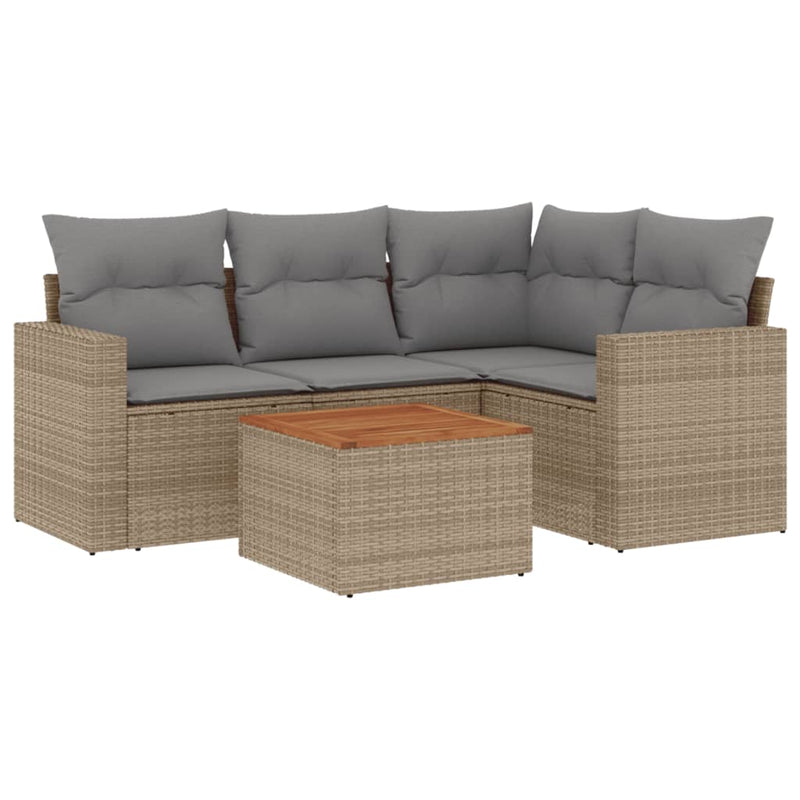 5 Piece Garden Sofa Set with Cushions Mix Beige Poly Rattan