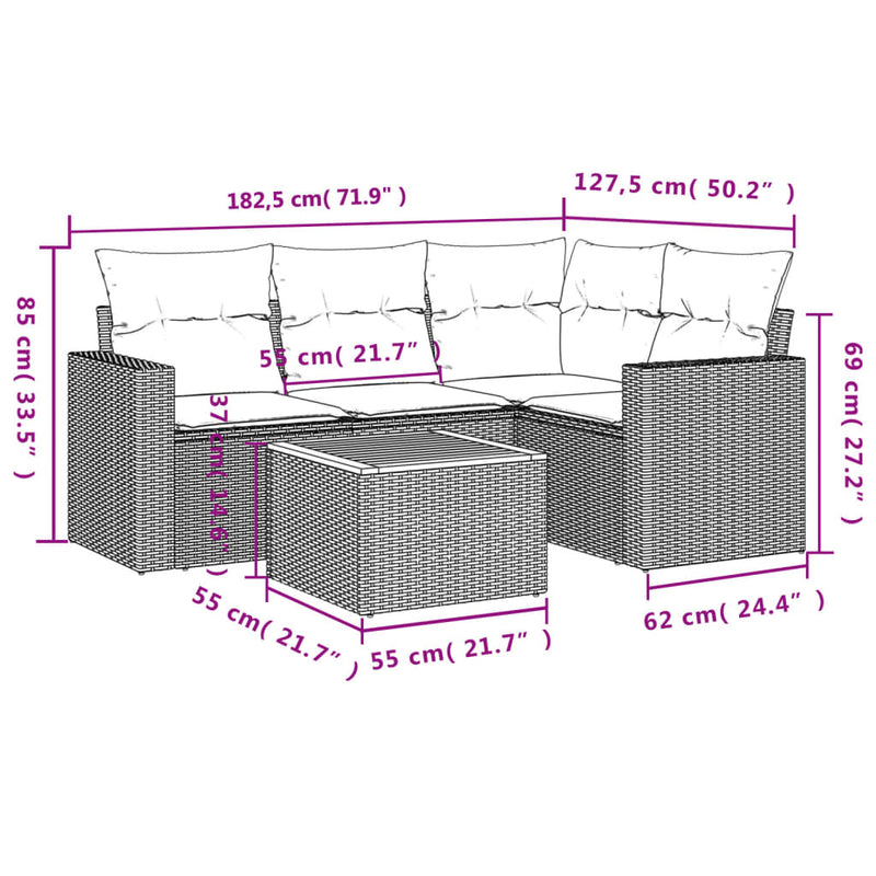 vidaXL 5 Piece Garden Sofa Set with Cushions Grey Poly Rattan