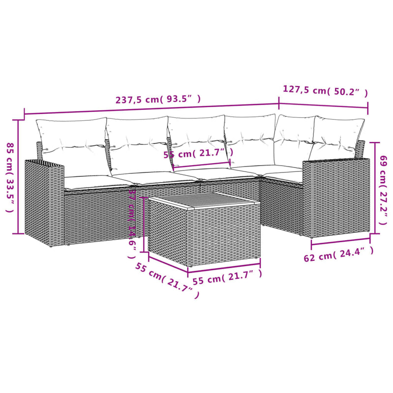 vidaXL 6 Piece Garden Sofa Set with Cushions Grey Poly Rattan