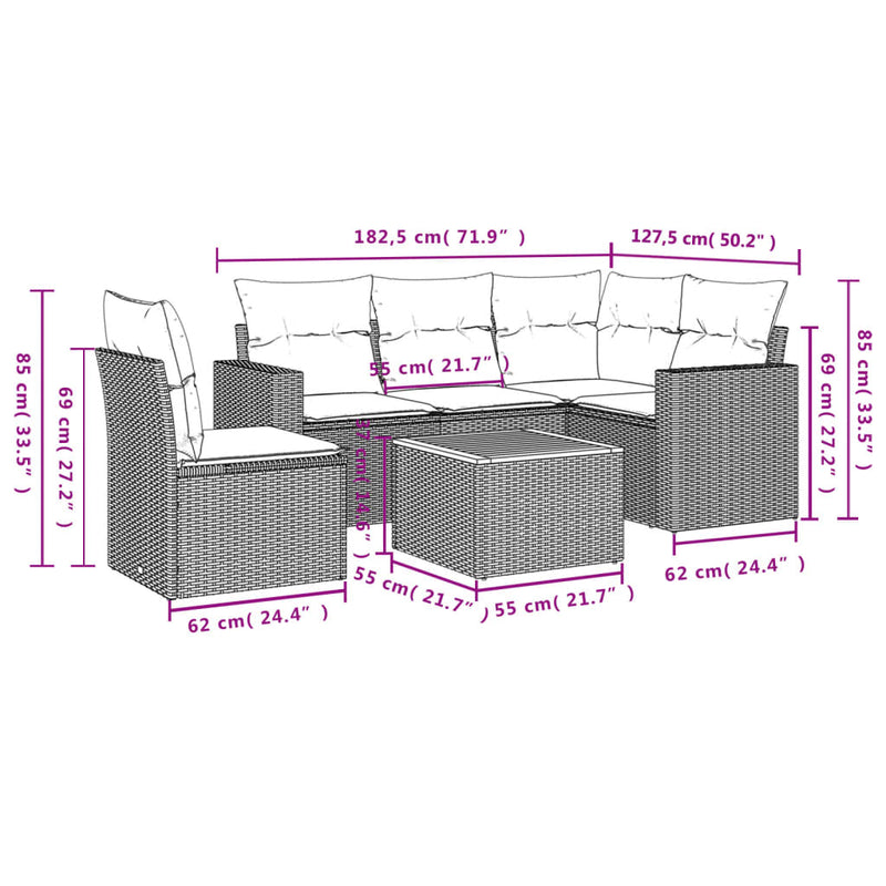 vidaXL 6 Piece Garden Sofa Set with Cushions Grey Poly Rattan