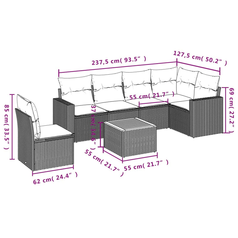 vidaXL 7 Piece Garden Sofa Set with Cushions Black Poly Rattan