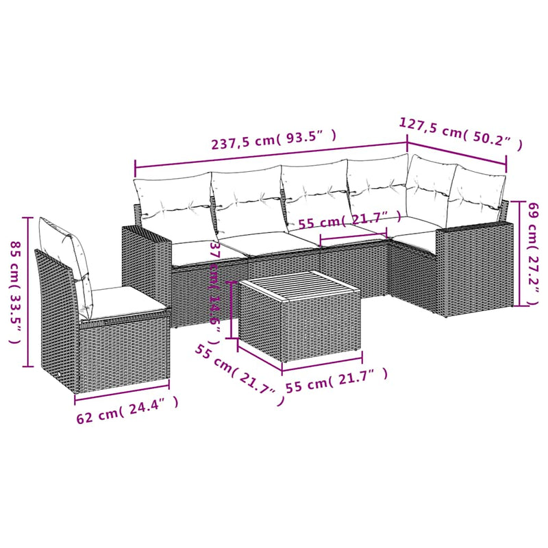 vidaXL 7 Piece Garden Sofa Set with Cushions Black Poly Rattan