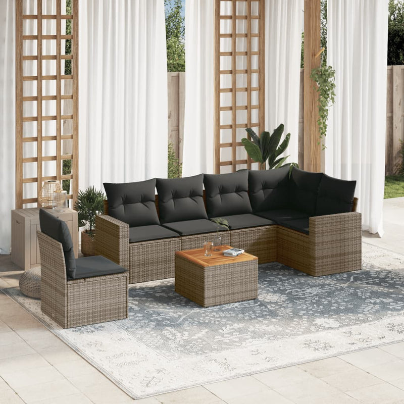 7 Piece Garden Sofa Set with Cushions Grey Poly Rattan