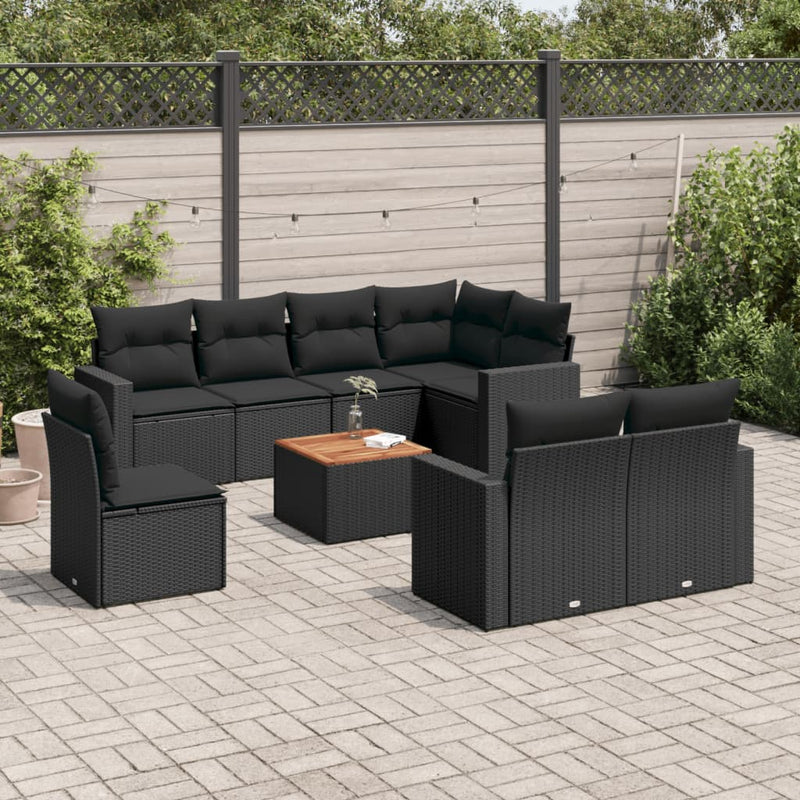 vidaXL 9 Piece Garden Sofa Set with Cushions Black Poly Rattan
