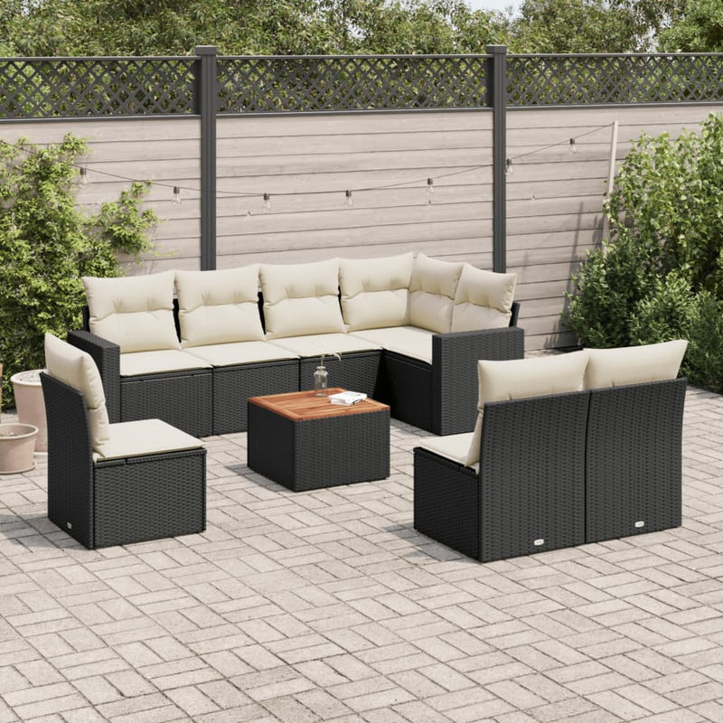 vidaXL 9 Piece Garden Sofa Set with Cushions Black Poly Rattan