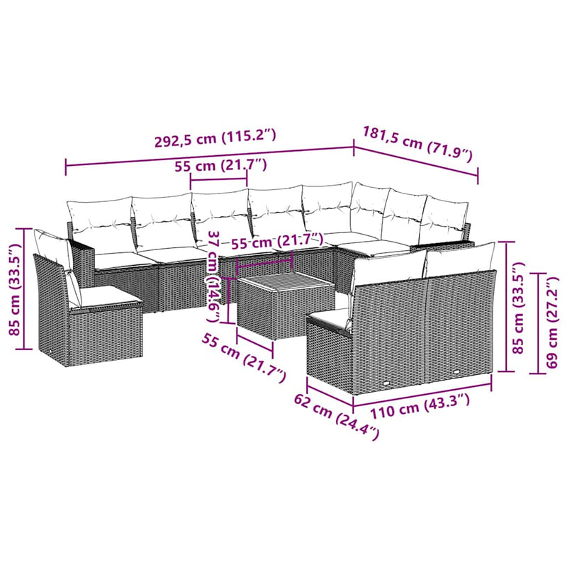 vidaXL 11 Piece Garden Sofa Set with Cushions Black Poly Rattan