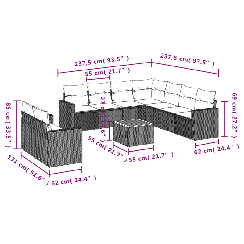 vidaXL 10 Piece Garden Sofa Set with Cushions Black Poly Rattan