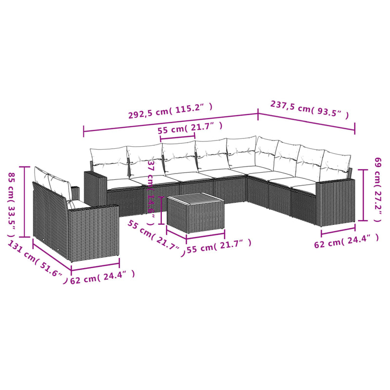vidaXL 11 Piece Garden Sofa Set with Cushions Black Poly Rattan