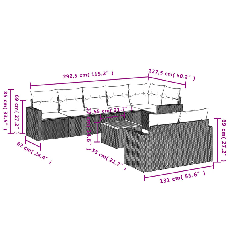 vidaXL 9 Piece Garden Sofa Set with Cushions Grey Poly Rattan