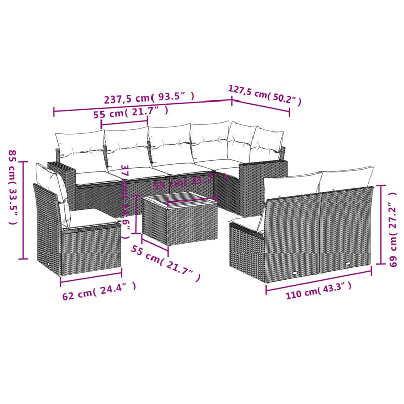 vidaXL 9 Piece Garden Sofa Set with Cushions Black Poly Rattan