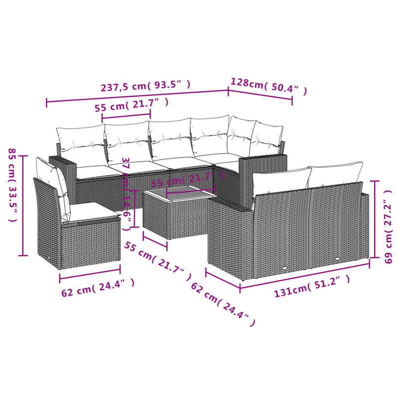 vidaXL 9 Piece Garden Sofa Set with Cushions Grey Poly Rattan