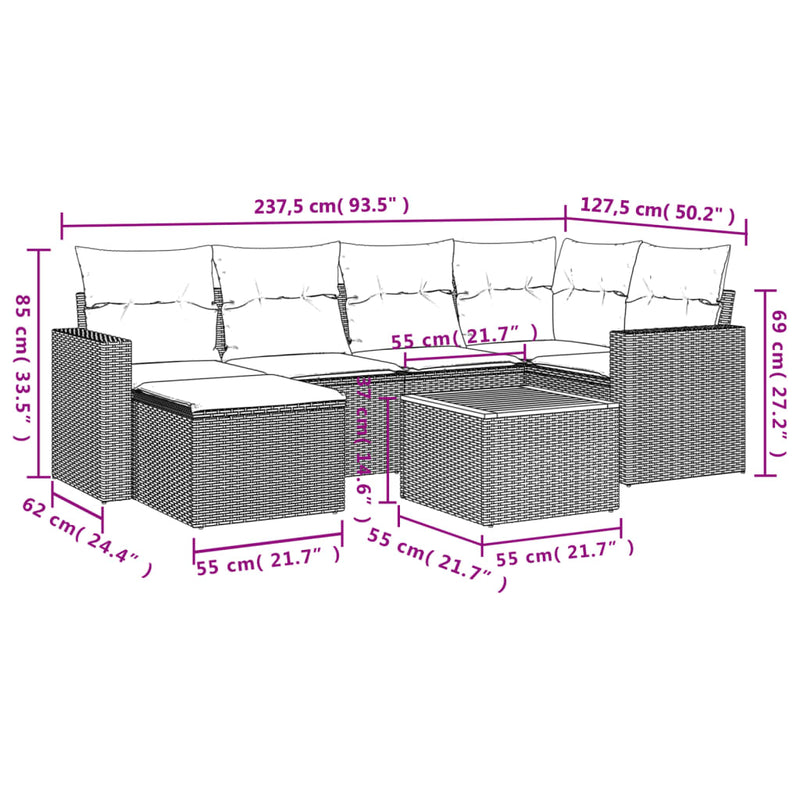 vidaXL 7 Piece Garden Sofa Set with Cushions Black Poly Rattan