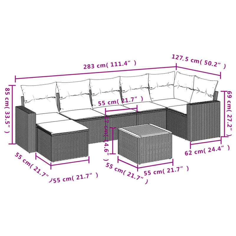 vidaXL 8 Piece Garden Sofa Set with Cushions Grey Poly Rattan