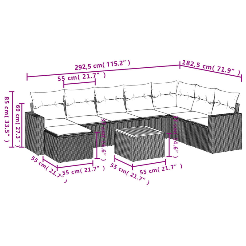 vidaXL 9 Piece Garden Sofa Set with Cushions Grey Poly Rattan