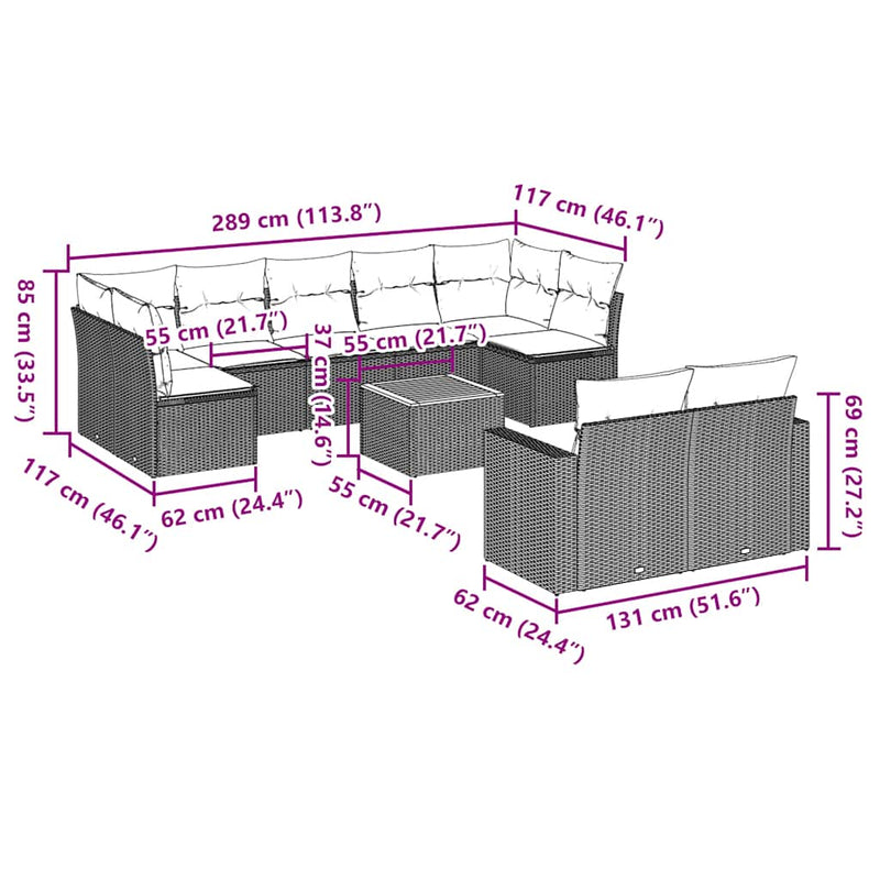 vidaXL 10 Piece Garden Sofa Set with Cushions Black Poly Rattan
