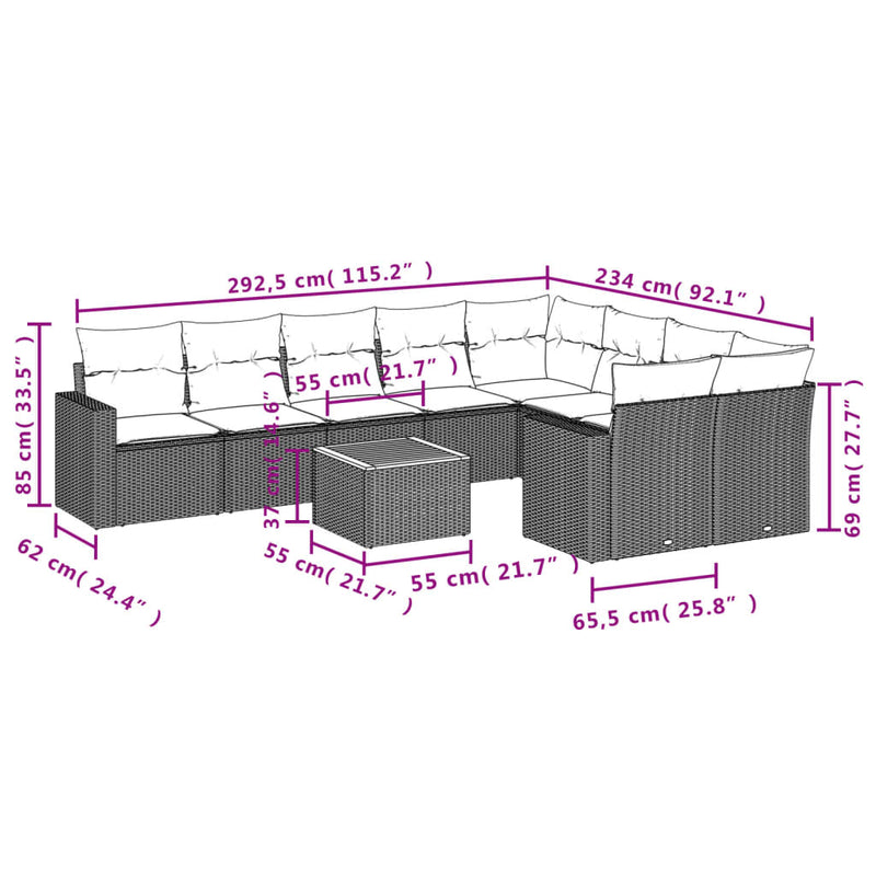 vidaXL 10 Piece Garden Sofa Set with Cushions Grey Poly Rattan