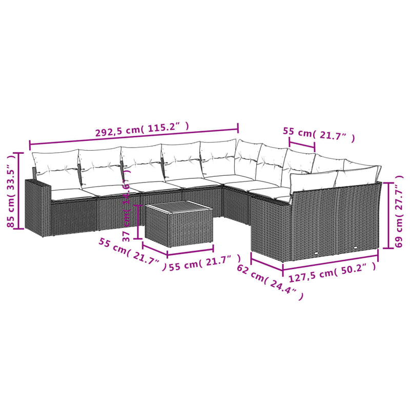 vidaXL 11 Piece Garden Sofa Set with Cushions Grey Poly Rattan