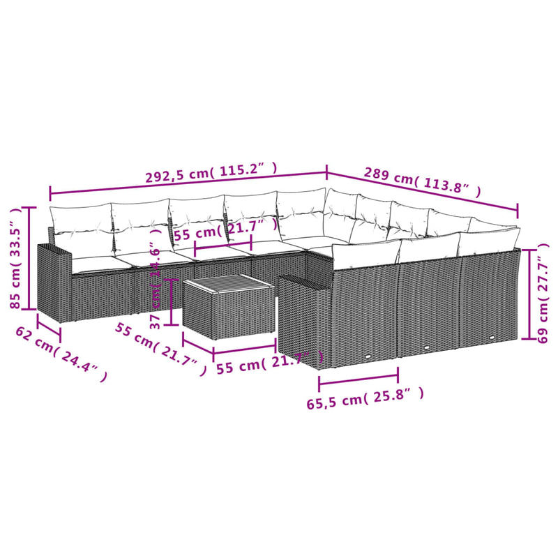 vidaXL 12 Piece Garden Sofa Set with Cushions Grey Poly Rattan
